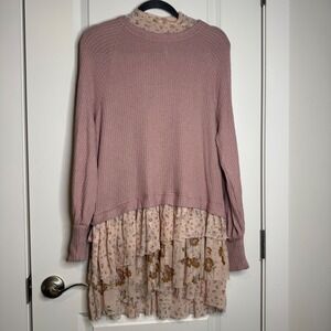 Free People Mixed Media Waffle Knit Floral Mesh Tiered Tunic Top Mauve XS